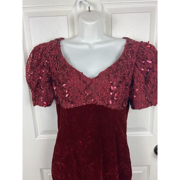 Vintage Red Burgundy Velvet Sequin Puff Sleeve Bodycon Holiday Party Dress Sz 8 - Picture 3 of 7